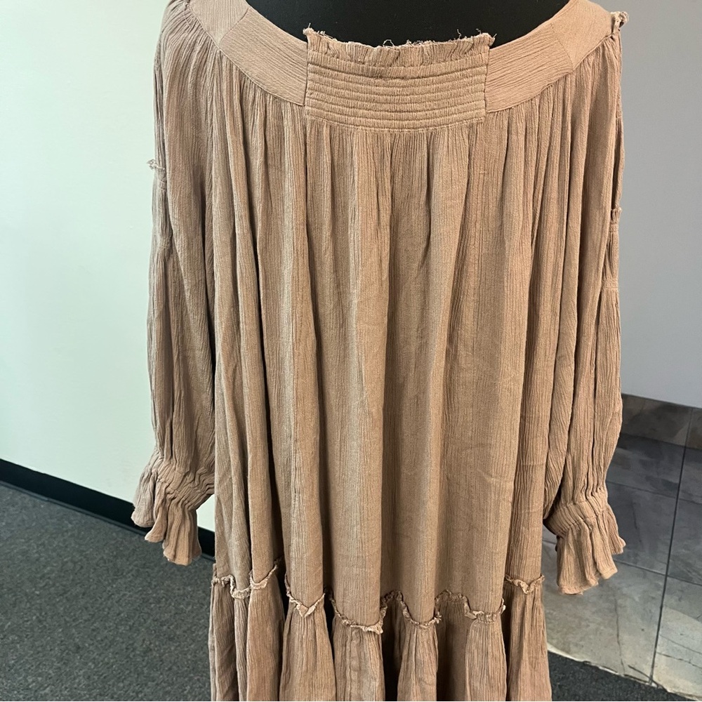 Free People Flowy Pleated Mini Dress XS Oversized Smocked Long Sleeve Boho - Picture 8 of 11